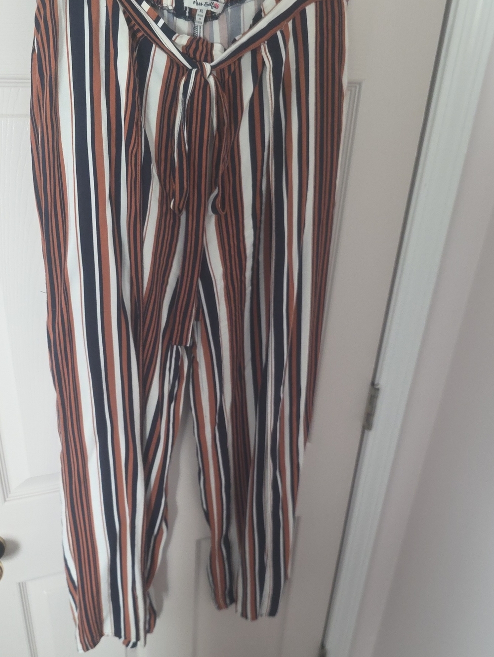 Women’s Striped Tie-Waist Pantsuit Pants in Brown, Black & White